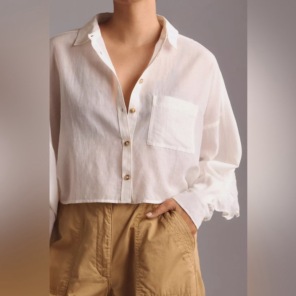 ANTHROPOLOGIE Pilcro Top Women Size XS White Oversized Cropped Ruffle Boho - Picture 10 of 13